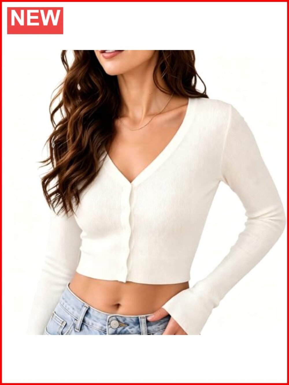 Cropped Cardigan Long Sleeve V-Neck Button Down Ribbed Knit Slim Fit